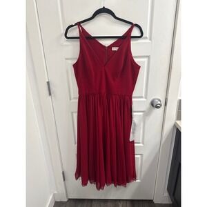 Dress The Population Ruby Red V-Neck Pleated Lace‎ Hem Cocktail Dress Size Large